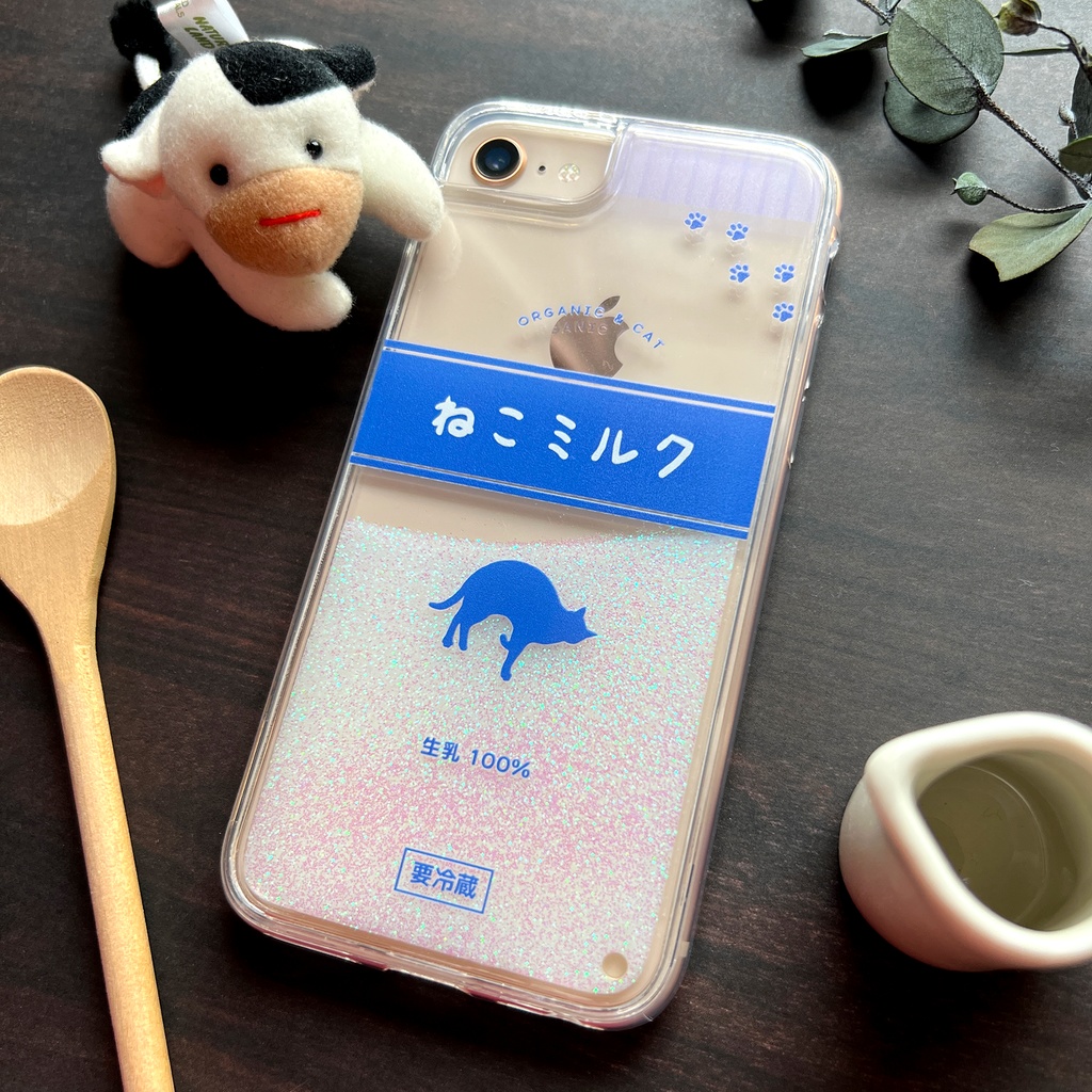 ねこミルクのキラキラグリッターケース(青) 猫 スマホケース メンズ 牛乳 iphone17 air iphone14 iphone15 iPhone16e SE 他