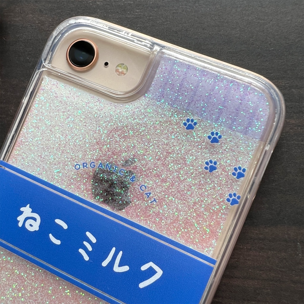 ねこミルクのキラキラグリッターケース(青) 猫 スマホケース メンズ 牛乳 iphone17 air iphone14 iphone15 iPhone16e SE 他