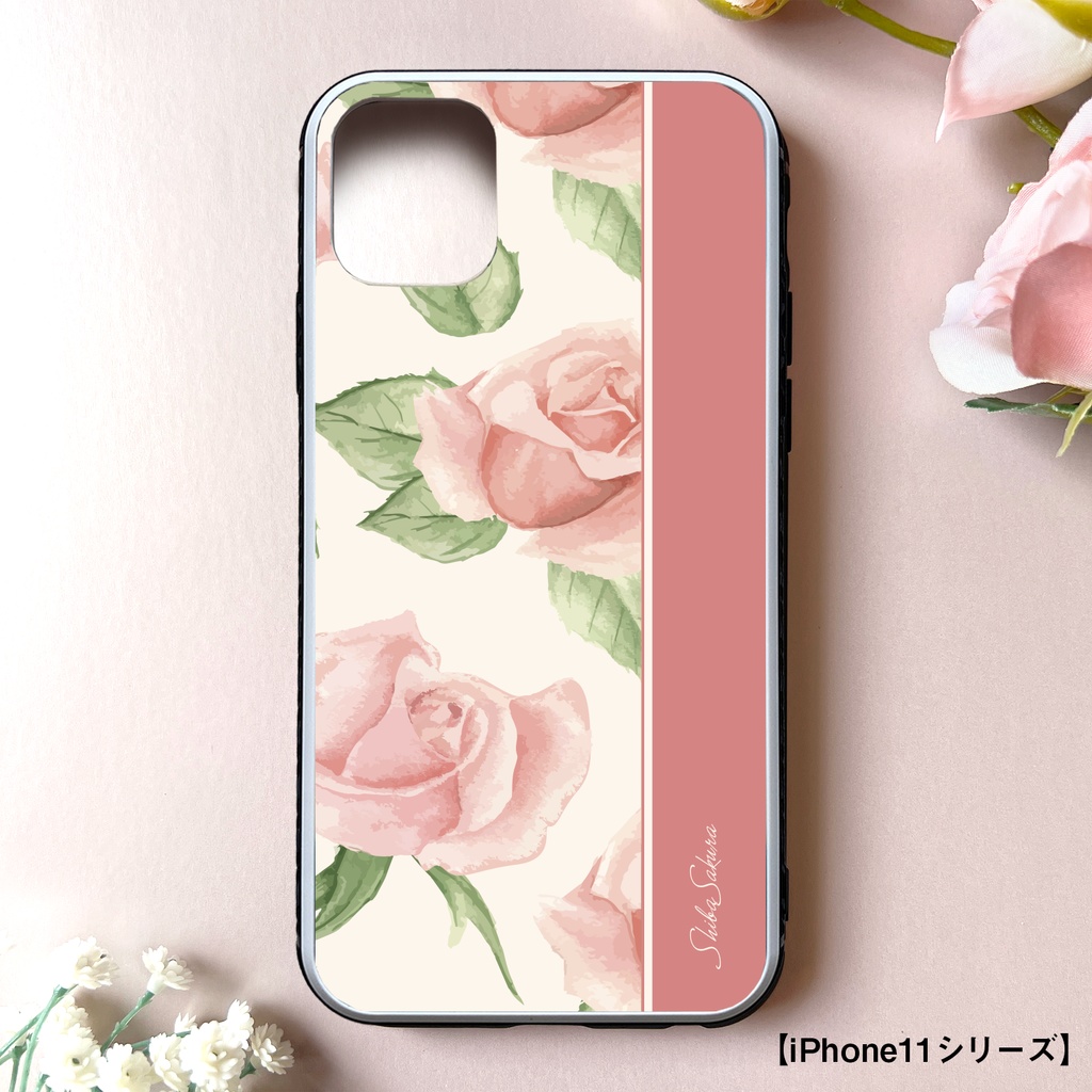 ピンクローズのスマホケース 強化ガラス iphone14 iphone16 iphone13 iPhone17 Air 他 バラ スマホケース iphone15