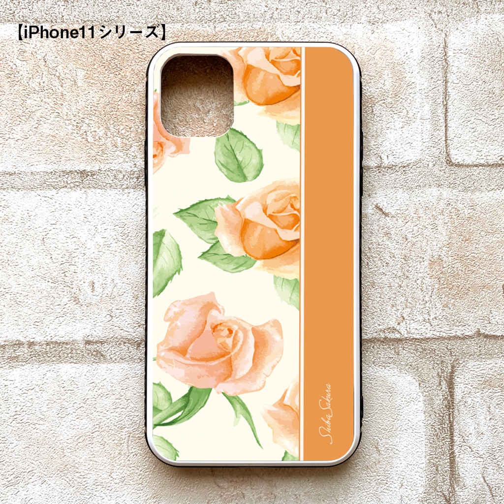 オレンジローズのスマホケース 強化ガラス iphone14 iphone16 iphone13 iPhone17 Air 他 バラ スマホケース iphone15