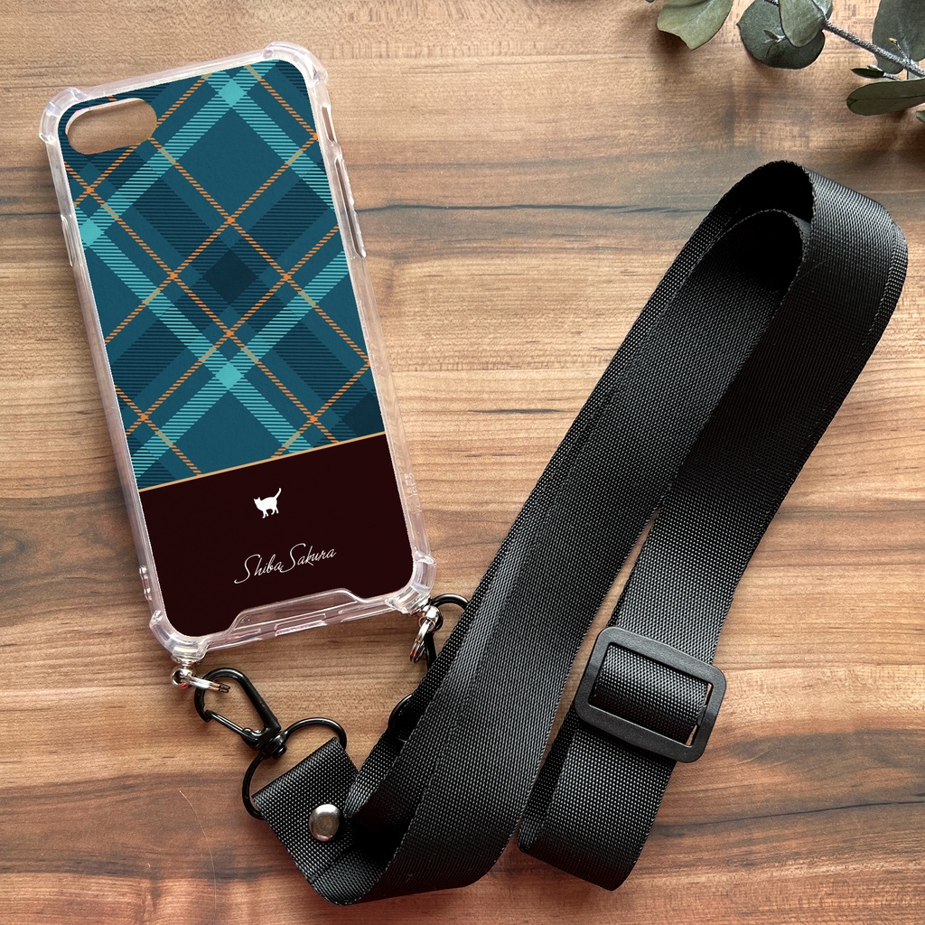 猫とチェックのスマホケース(ブルーオレンジ/ストラップ付き) 猫 スマホショルダー スマホストラップ iphone14 iphone16 iphone15 iPhone17 Air iphone13 他
