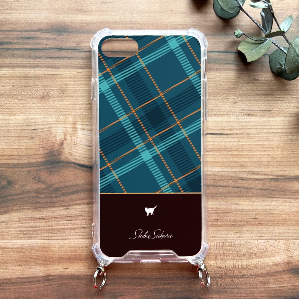 猫とチェックのスマホケース(ブルーオレンジ/ストラップ付き) 猫 スマホショルダー スマホストラップ iphone14 iphone16 iphone15 iPhone17 Air iphone13 他
