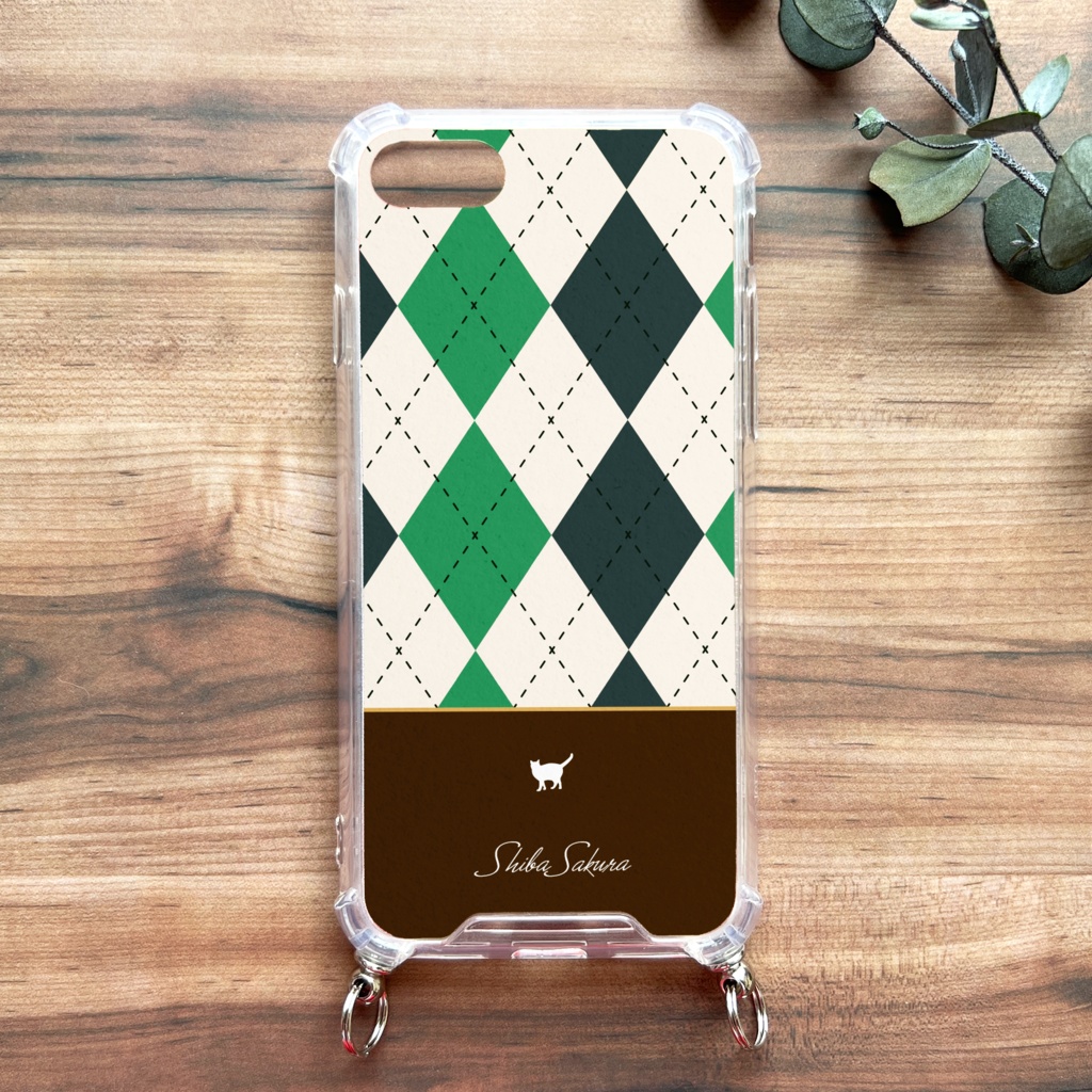 猫とアーガイルのスマホケース(緑/ストラップ付き) 猫 スマホショルダー iPhone17 Air iphone13 iphone16 iphone15 XR 他