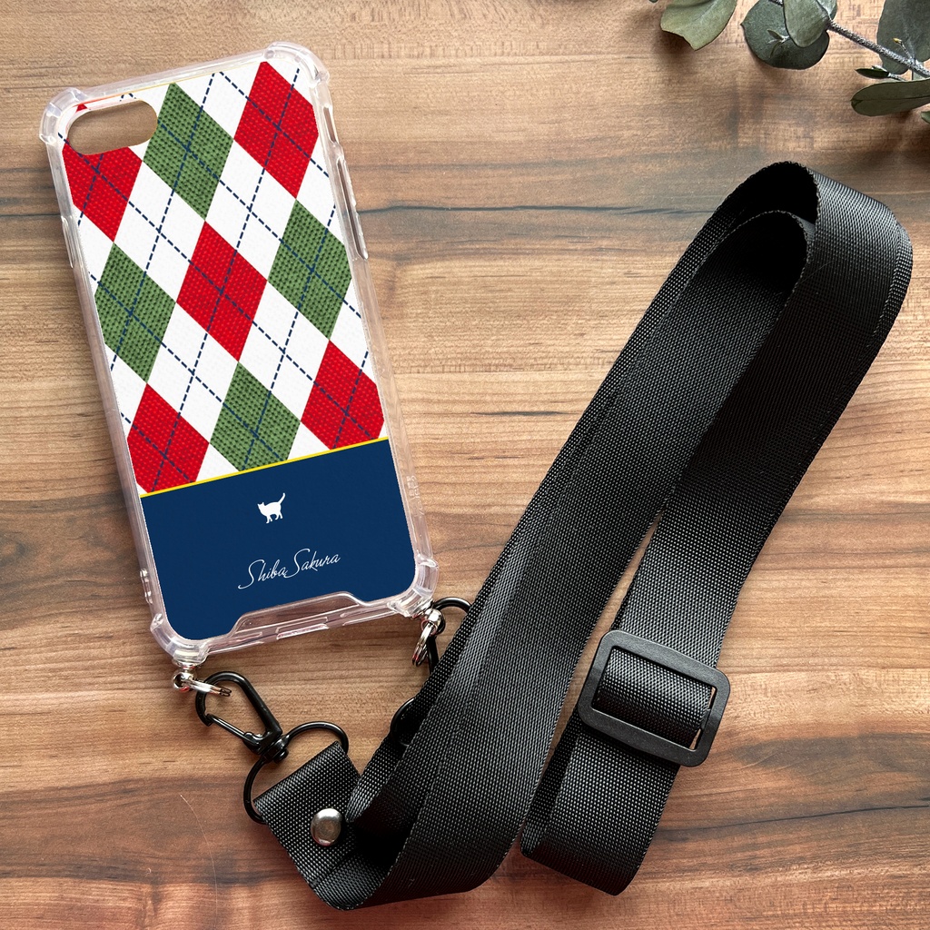 猫とアーガイルのスマホケース(ストラップ付き) 猫 スマホショルダー iPhone17 Air iphone13 iphone16 iphone15 XR 他