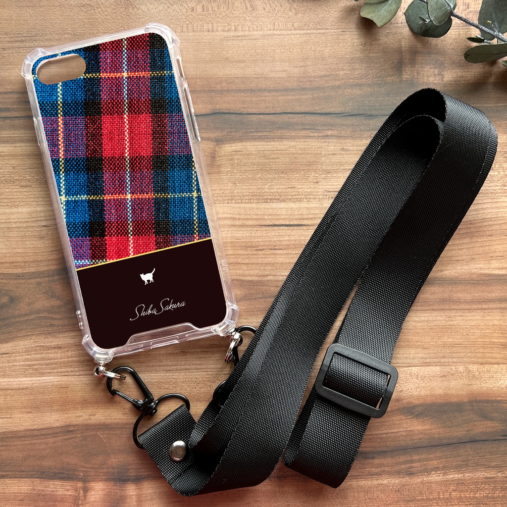 猫とカラフルタータンのスマホケース(ストラップ付き) 猫 スマホショルダー iphone16 iphone15 iPhone17 Air iphone13 他
