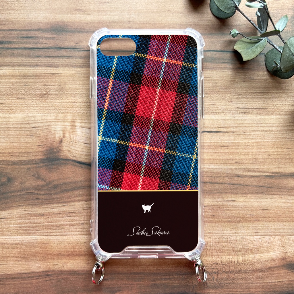 猫とカラフルタータンのスマホケース(ストラップ付き) 猫 スマホショルダー iphone16 iphone15 iPhone17 Air iphone13 他