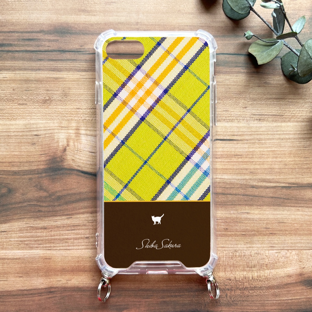 猫とタータンチェックのスマホケース(緑/ストラップ付き) 猫 スマホショルダー iphone16 iphone15 iPhone17 Air iphone13 他