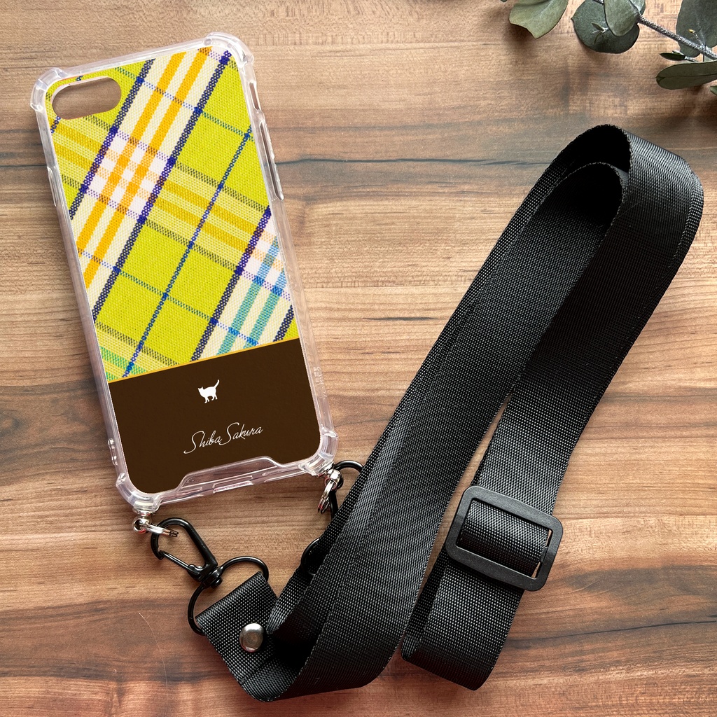 猫とタータンチェックのスマホケース(緑/ストラップ付き) 猫 スマホショルダー iphone16 iphone15 iPhone17 Air iphone13 他