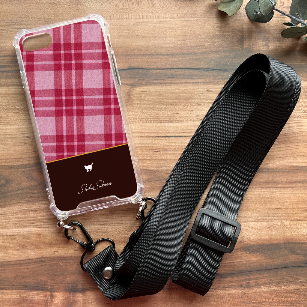 猫とチェックのスマホケース(ラズベリー/ストラップ付き) 猫 スマホショルダー iphone16 iphone15 iPhone17 Air iphone13 他