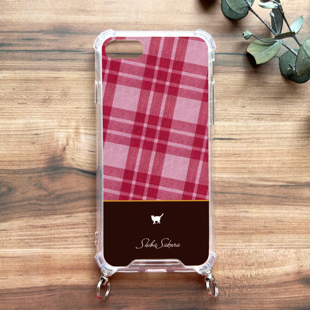 猫とチェックのスマホケース(ラズベリー/ストラップ付き) 猫 スマホショルダー iphone16 iphone15 iPhone17 Air iphone13 他