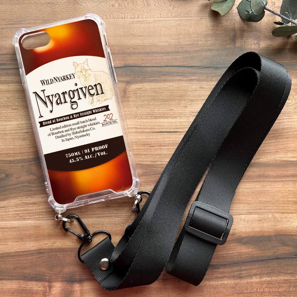 ウイスキーにゃんこのスマホケース(ニャーギブン/ストラップ付き) 猫 メンズ スマホショルダー iphone16 iphone14 iphone15 XR iPhone17 Air iphone13 他