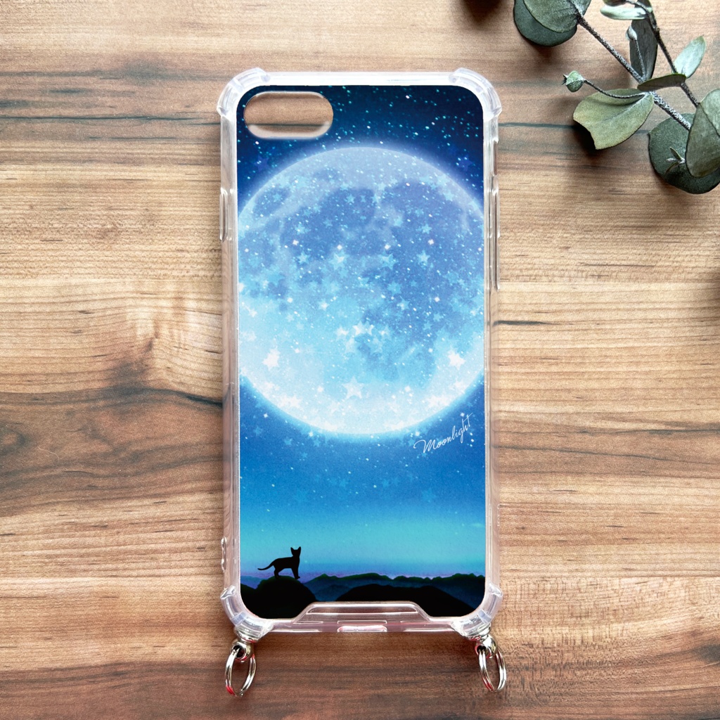 満月とねこの猫のスマホケース(ブルー/ストラップ付き) 猫 スマホショルダー iphone16 iphone15 XR iPhone17 Air iphone13 他