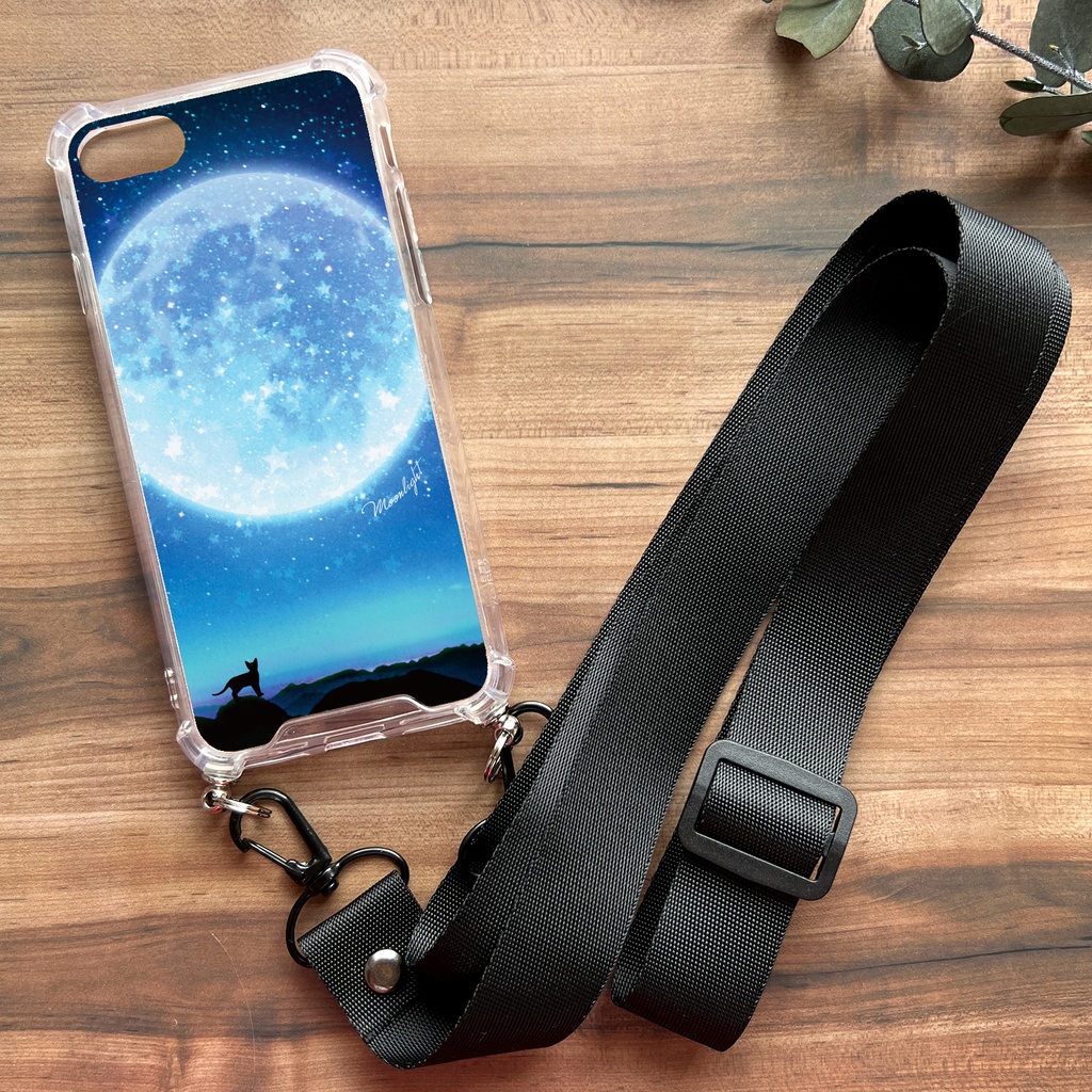満月とねこの猫のスマホケース(ブルー/ストラップ付き) 猫 スマホショルダー iphone16 iphone15 XR iPhone17 Air iphone13 他