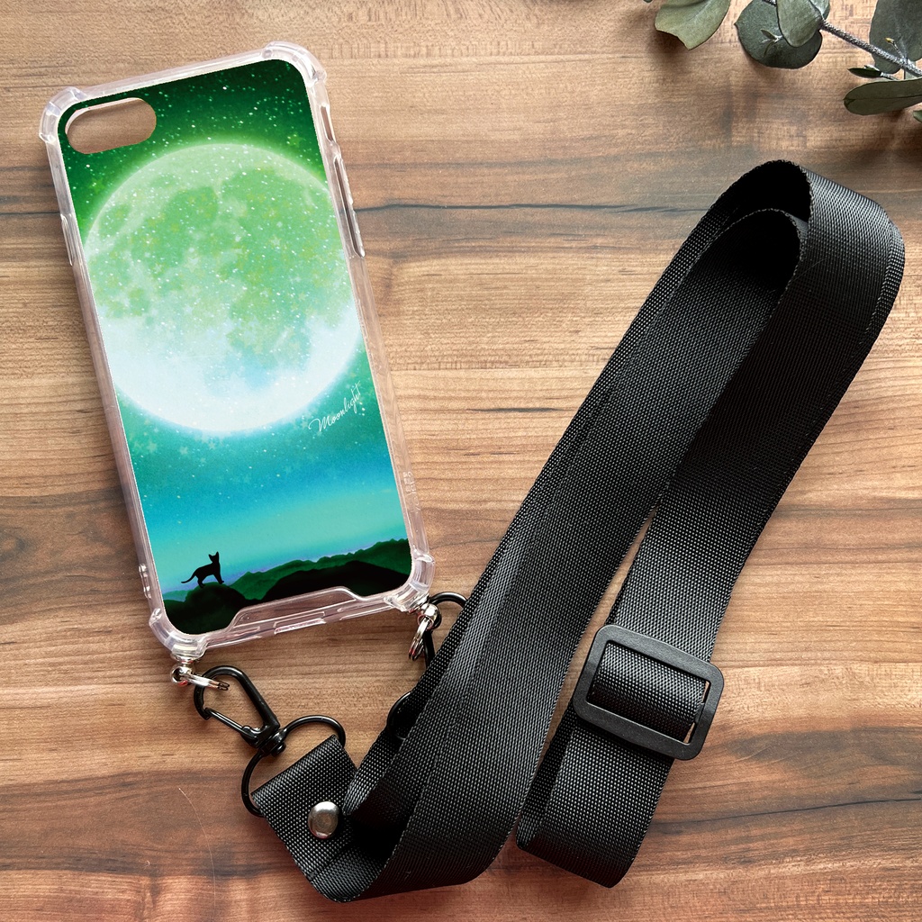 満月とねこの猫のスマホケース(グリーン/ストラップ付き) 猫 スマホショルダー iphone16 iphone15 iPhone17 Air iphone13 他
