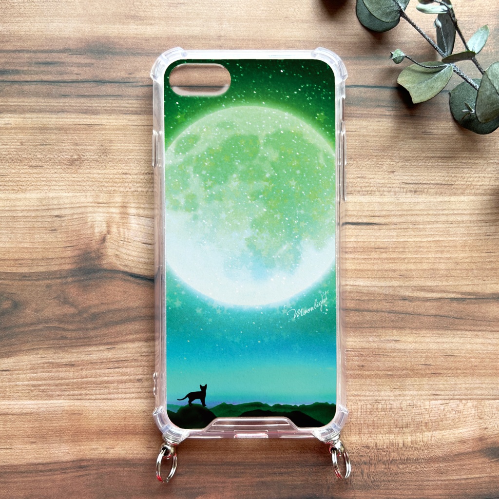満月とねこの猫のスマホケース(グリーン/ストラップ付き) 猫 スマホショルダー iphone16 iphone15 iPhone17 Air iphone13 他