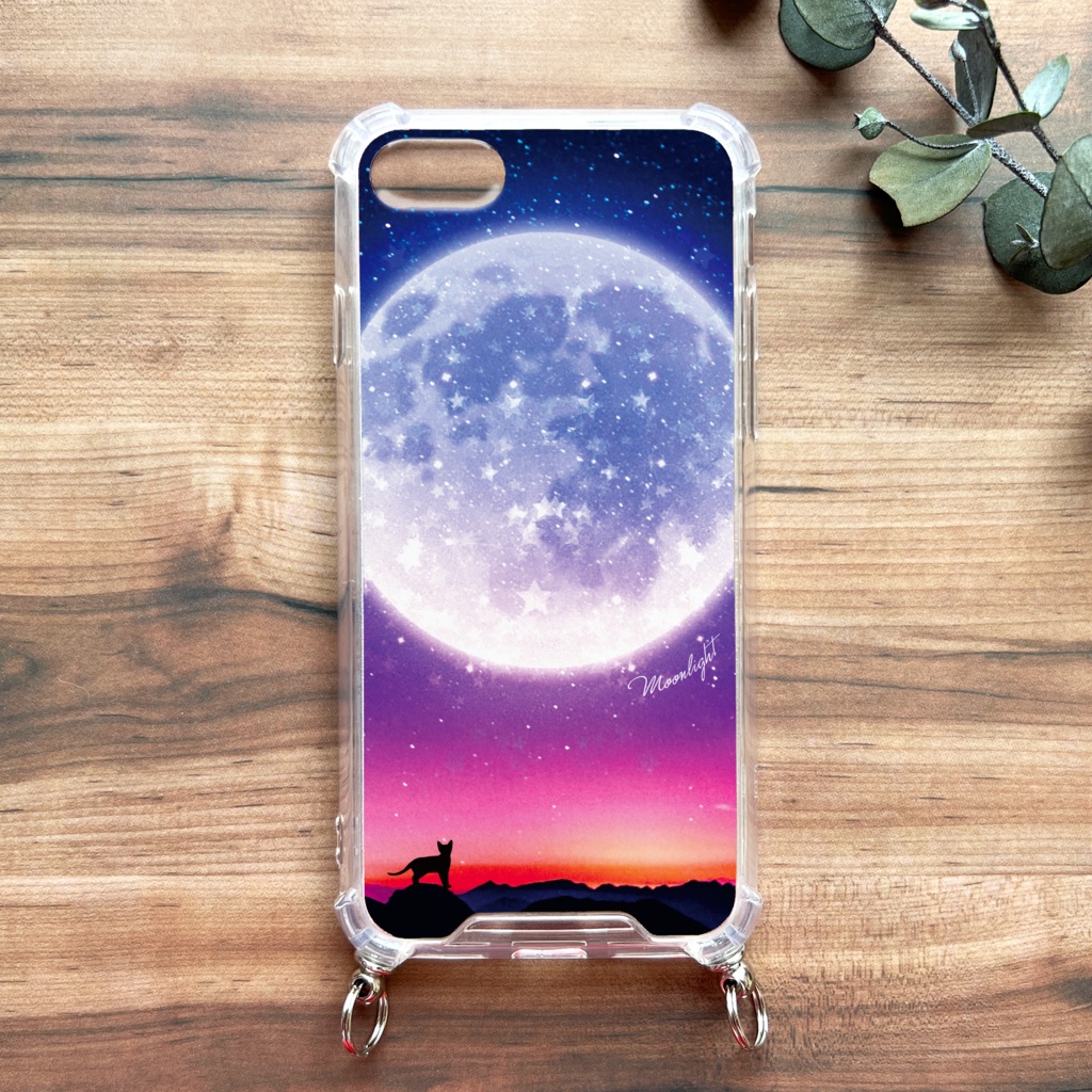 満月とねこの猫のスマホケース(パープル/ストラップ付き) 猫 スマホショルダー iphone16 iphone15 iPhone17 Air iphone13 他