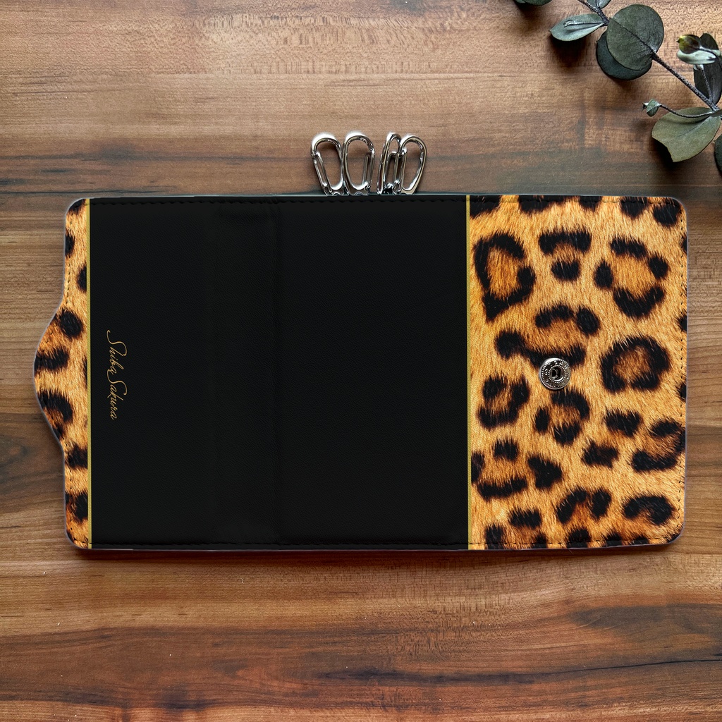 レオパード×ブラックのキーケース 動物 アニマル柄 猫 キーケース