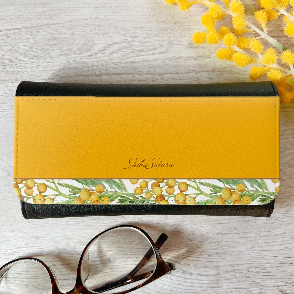 春のミモザのメガネケース(ウォームオレンジ) 花 ミモザ メガネケース 小物入れ 春