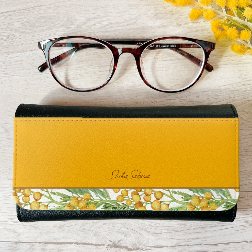 春のミモザのメガネケース(ウォームオレンジ) 花 ミモザ メガネケース 小物入れ 春