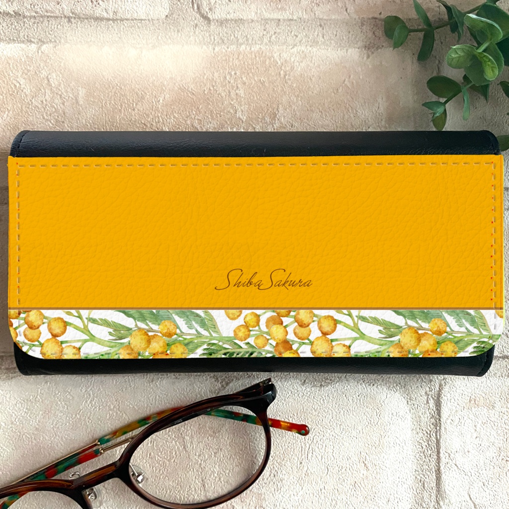 春のミモザのメガネケース(ウォームオレンジ) 花 ミモザ メガネケース 小物入れ 春
