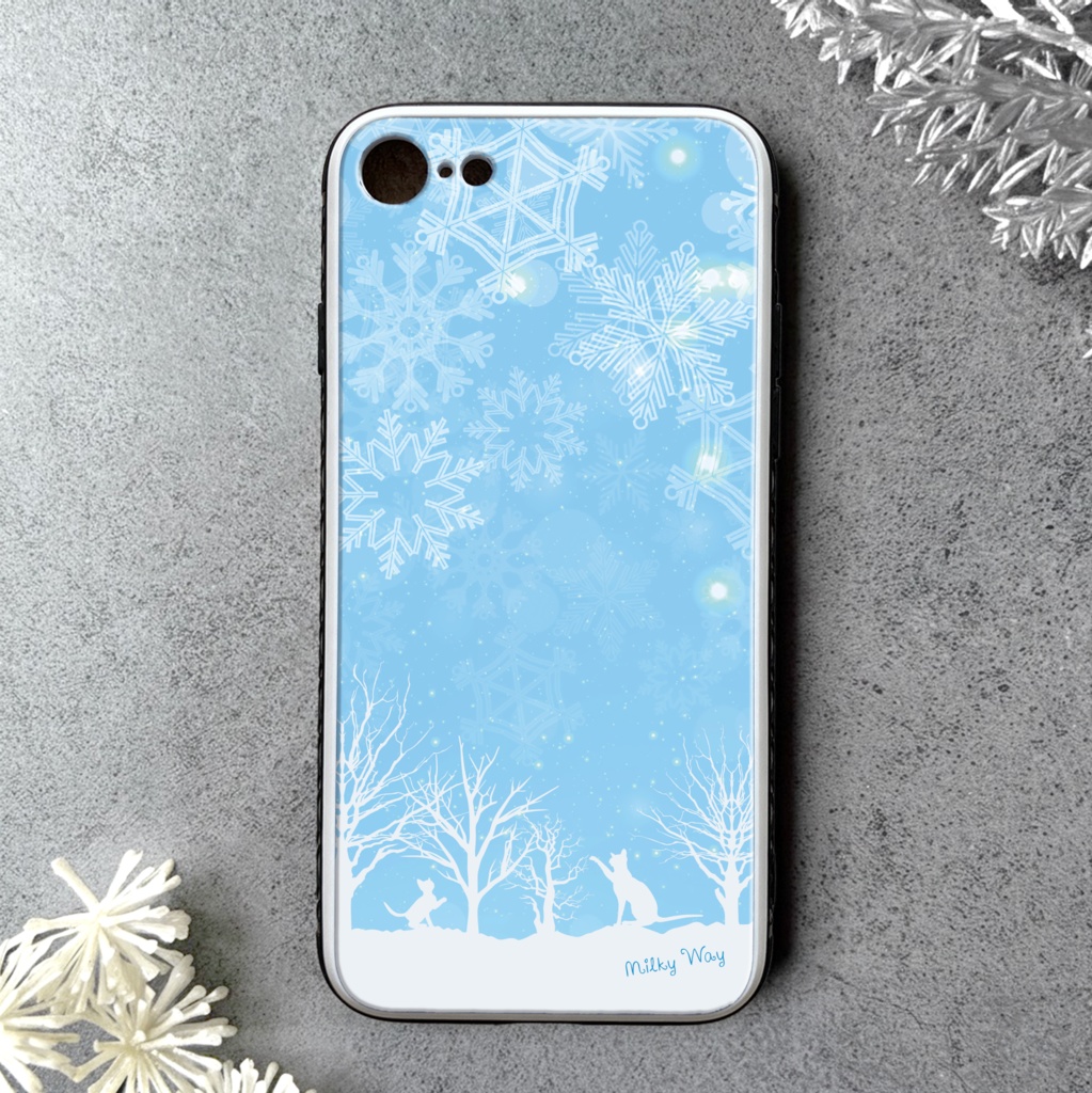 雪遊び猫のスマホケース（ライトブルー）/ 強化ガラス スマホケース 雪 冬 iPhone17 Air iphone14 iphone13 iphone15 iPhone16e