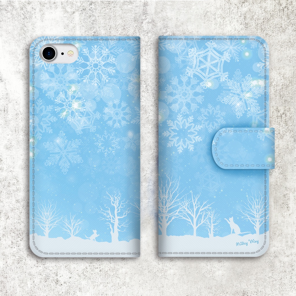 雪遊び猫の手帳型スマホケース(ライトブルー) 猫 全機種対応 スマホケース iphone16e iphone15 iPhone17 Air 他