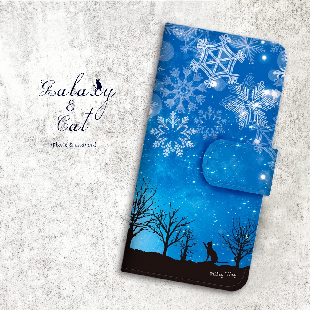 雪遊び猫の手帳型スマホケース（ブルー） 猫 全機種対応 スマホケース iphone14 iphone15 XR 他