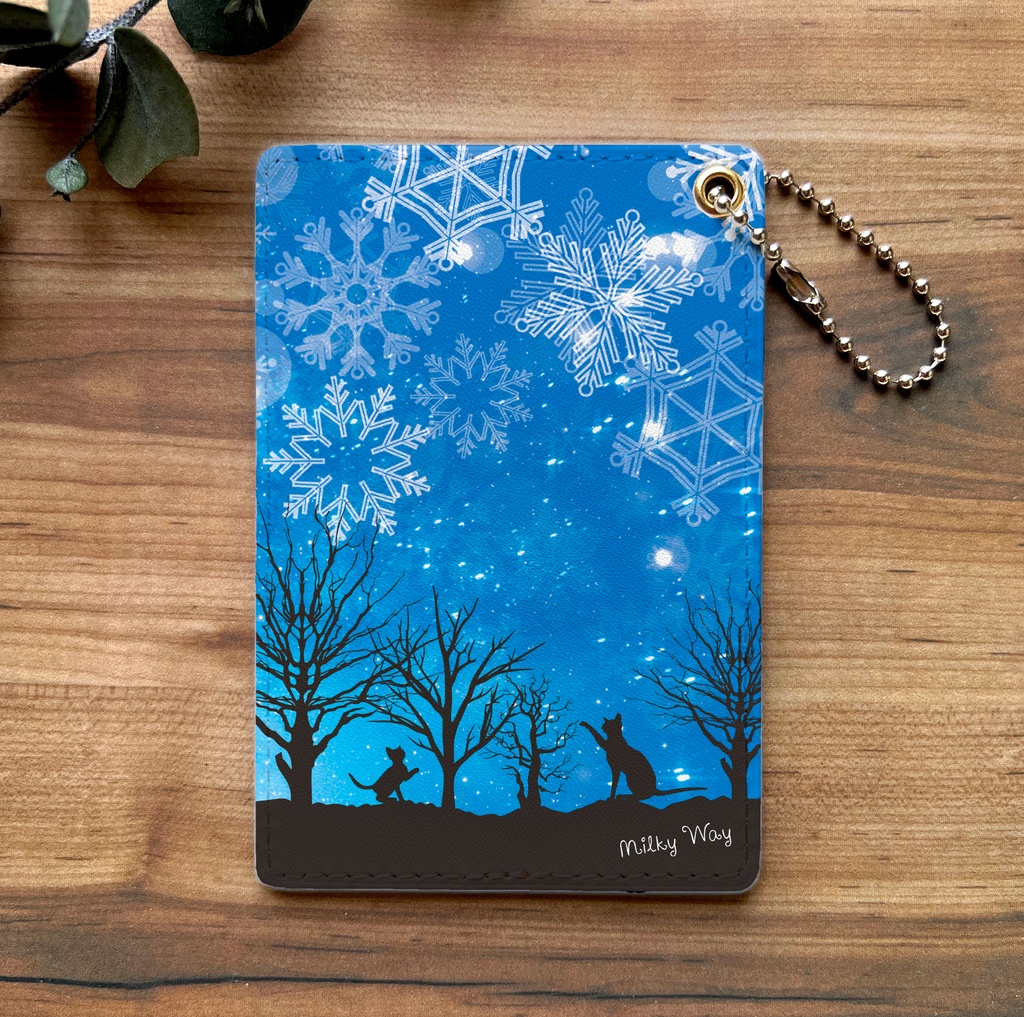 雪遊び猫のパスケース（ブルー） 猫 雪 冬 パスケース 定期入れ カードケース