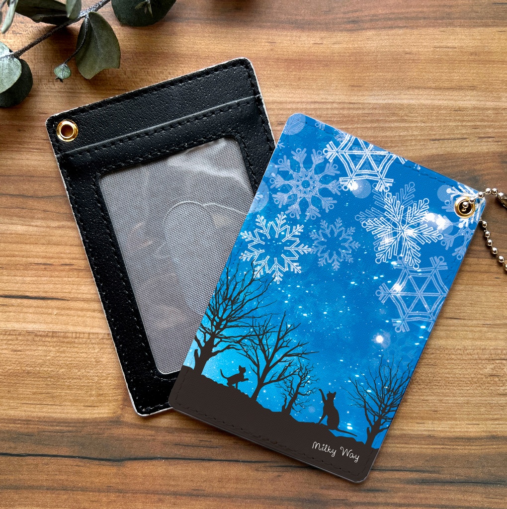 雪遊び猫のパスケース(ブルー) 猫 雪 冬 パスケース 定期入れ カードケース