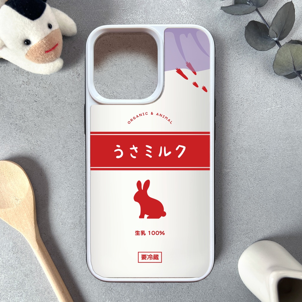 うさミルクのガラススマホケース(赤/強化ガラス) ウサギ メンズ iPhone17e Air iphone14 iphone16 iphone15 SE3 XR iPhone16e 他