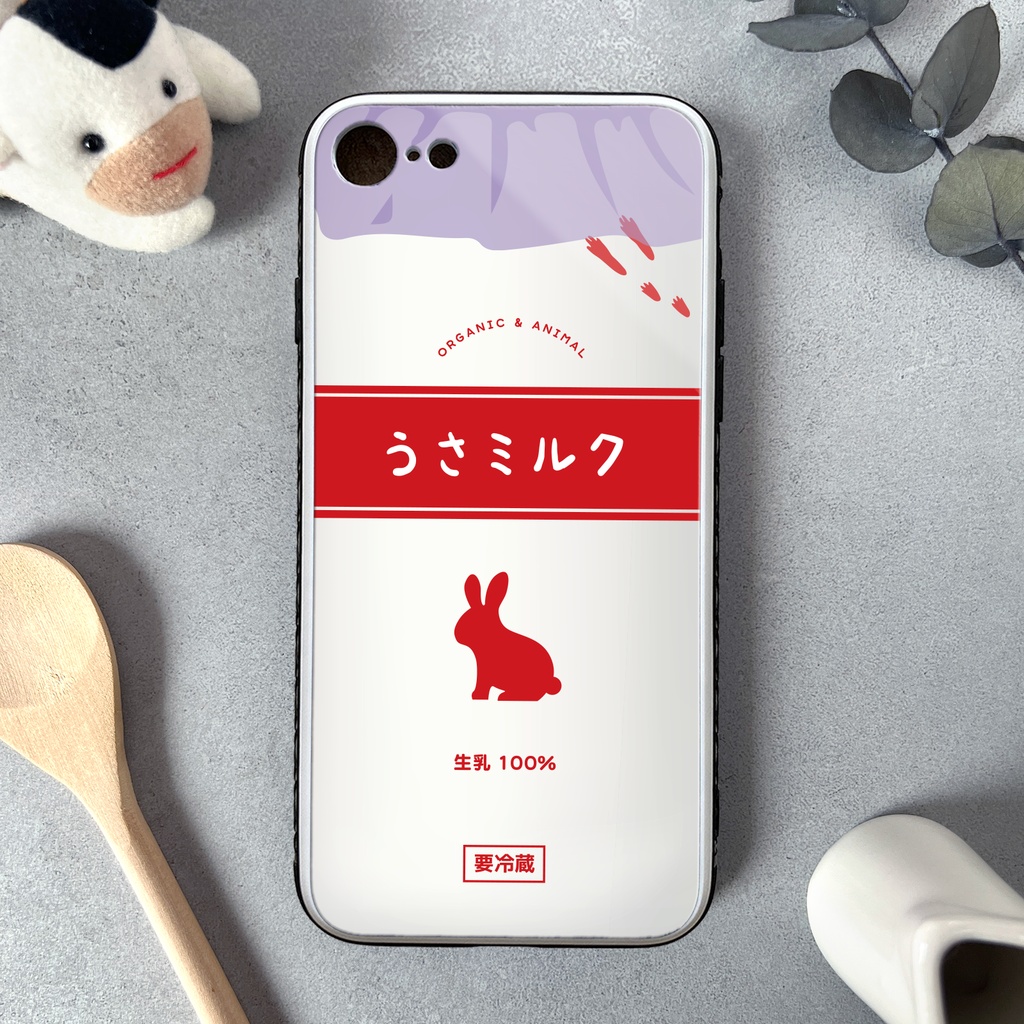 うさミルクのガラススマホケース(赤/強化ガラス) ウサギ メンズ iPhone17e Air iphone14 iphone16 iphone15 SE3 XR iPhone16e 他