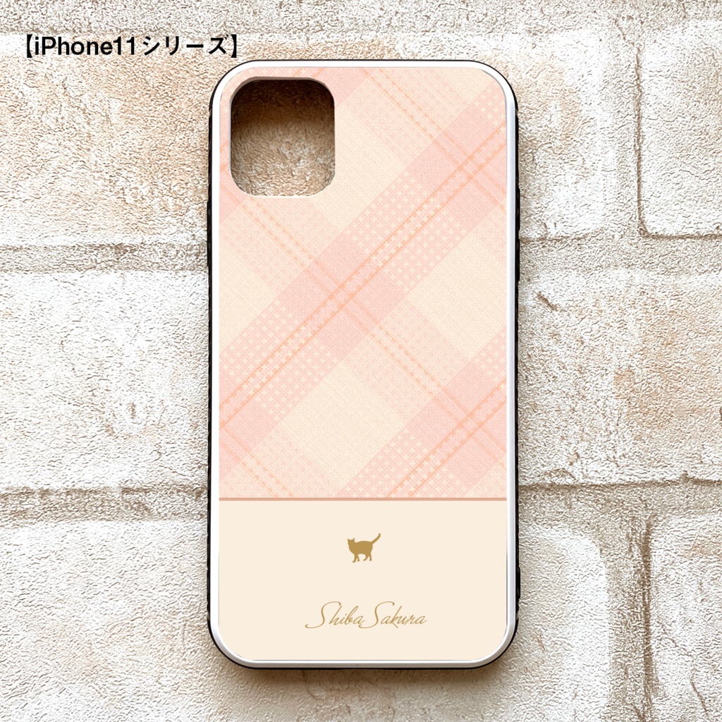 猫と桜タータンのスマホケース(強化ガラス)  iPhone15 iphone14 iPhone17 Air iphone13 猫 スマホケース 強化ガラス iPhone16 チェック 桜 iPhone16e