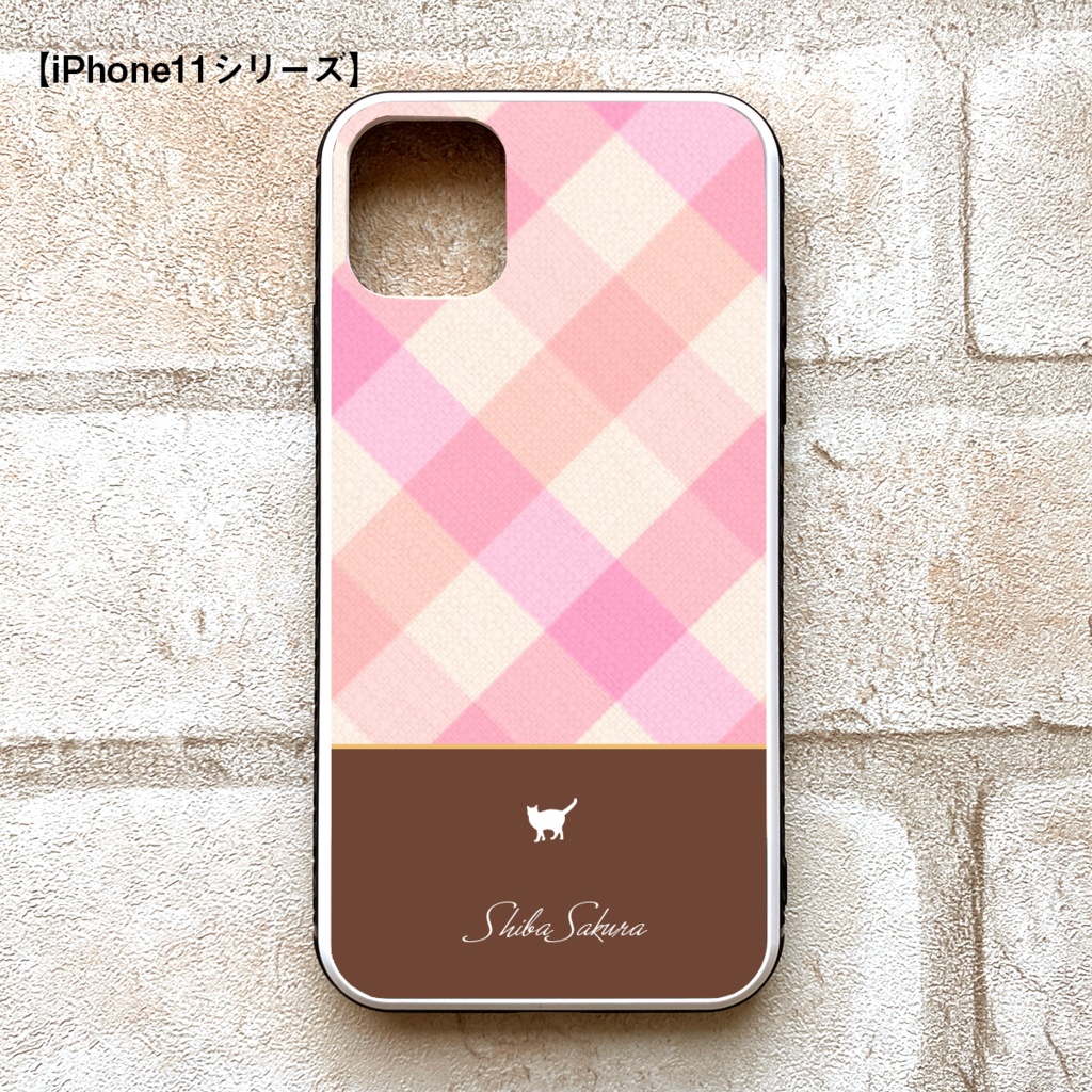猫とピンクギンガムのスマホケース(強化ガラス)  iPhone17 Air iphone13 iPhone16 iphone15 猫 スマホケース 強化ガラス iPhone14 チェック iPhone16e