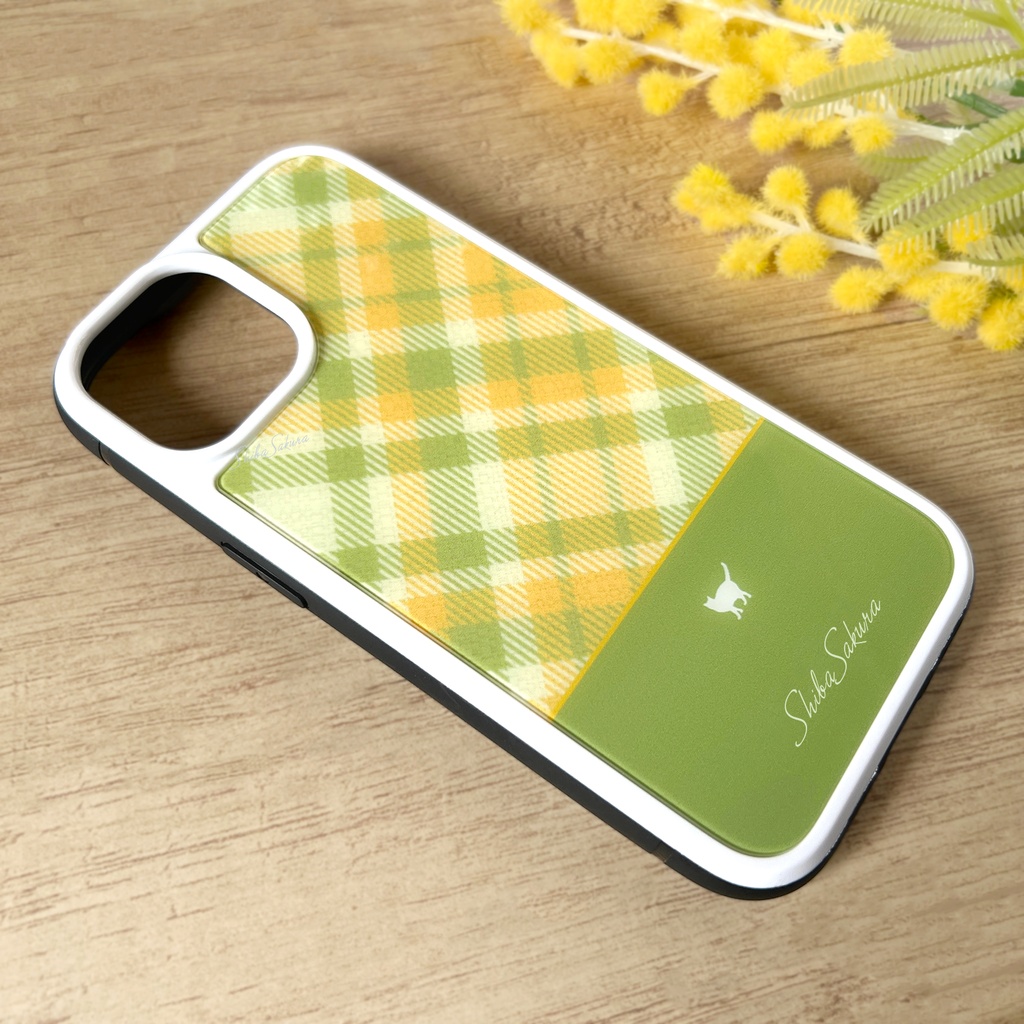 猫とミモザチェックのスマホケース(グリーン/強化ガラス) iPhone17e Air iphone13 iPhone15 iphone14 猫 スマホケース 強化ガラス iPhone16 チェック ミモザ iPhone16e