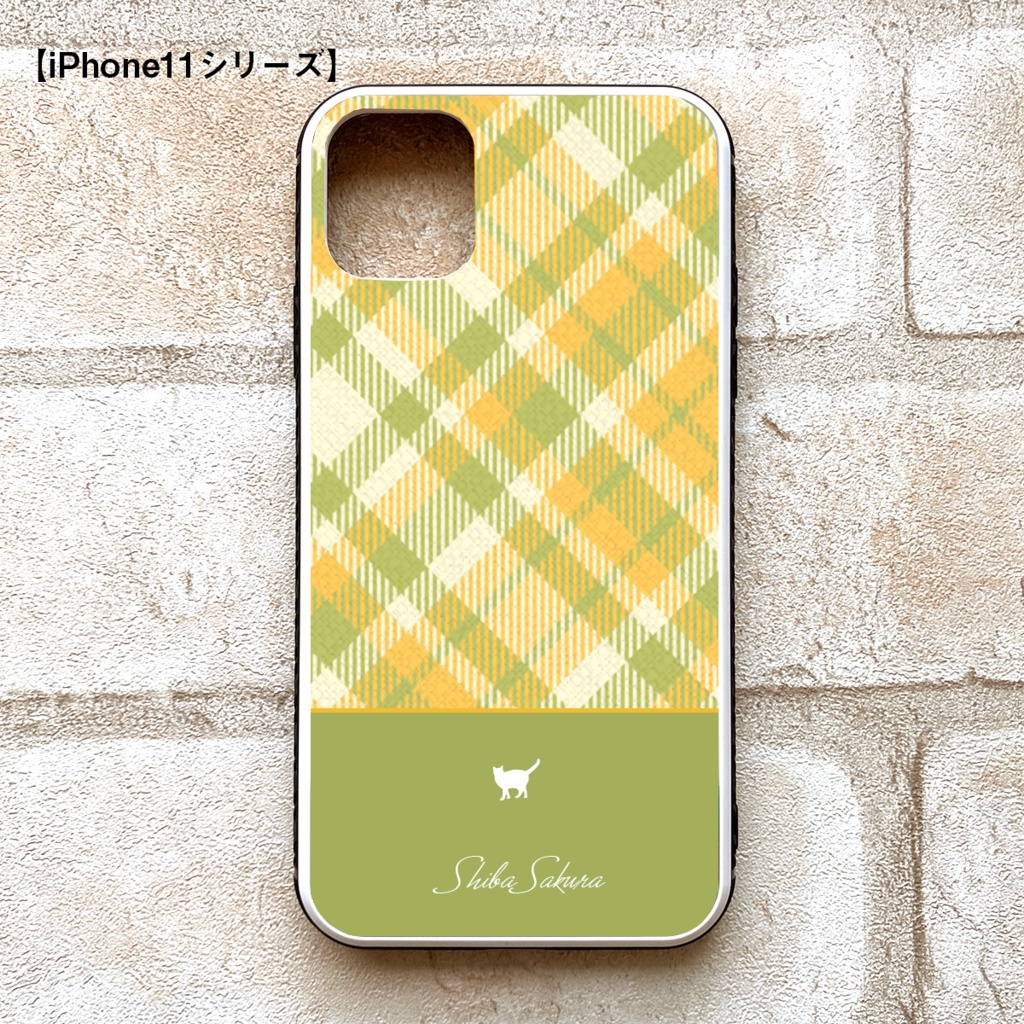 猫とミモザチェックのスマホケース(グリーン/強化ガラス) iPhone17 Air iphone13 iPhone15 iphone14 猫 スマホケース 強化ガラス iPhone16 チェック ミモザ iPhone16e