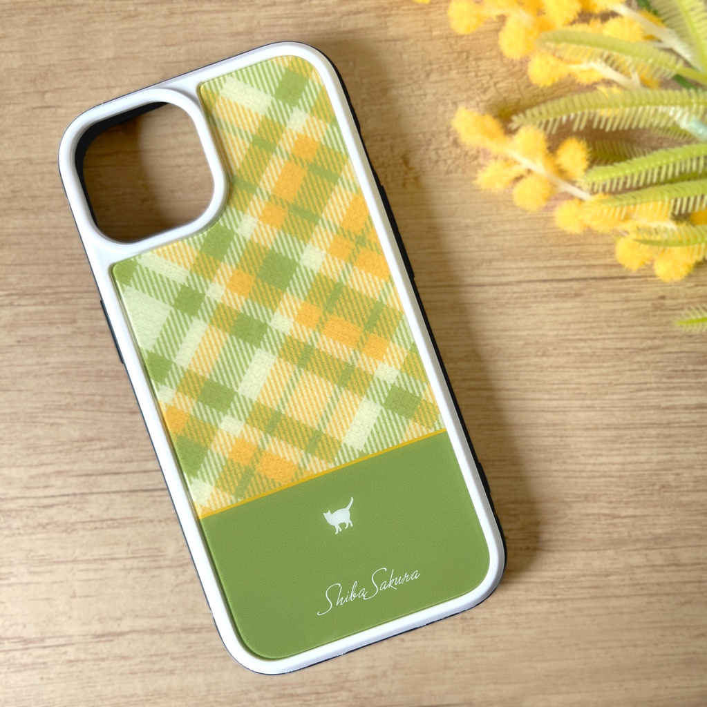 猫とミモザチェックのスマホケース(グリーン/強化ガラス) iPhone17e Air iphone13 iPhone15 iphone14 猫 スマホケース 強化ガラス iPhone16 チェック ミモザ iPhone16e