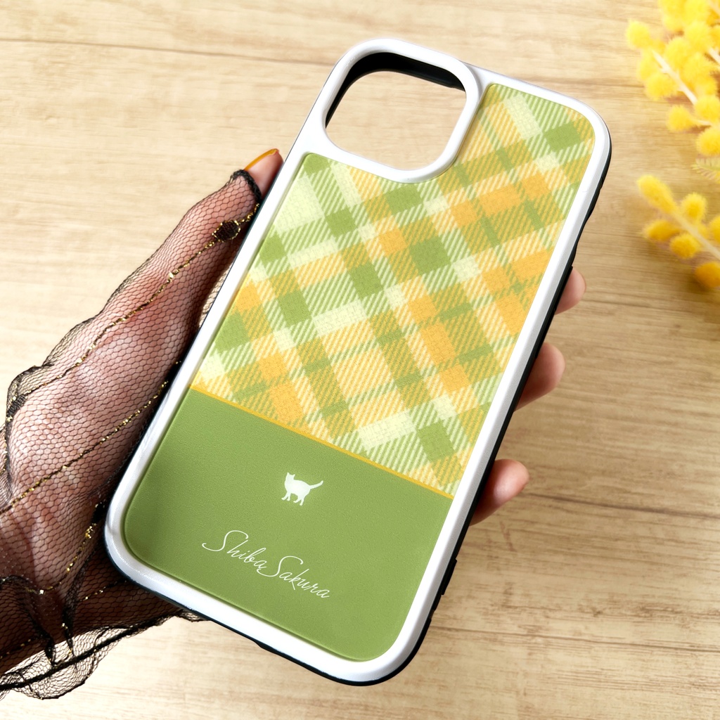 猫とミモザチェックのスマホケース(グリーン/強化ガラス) iPhone17e Air iphone13 iPhone15 iphone14 猫 スマホケース 強化ガラス iPhone16 チェック ミモザ iPhone16e