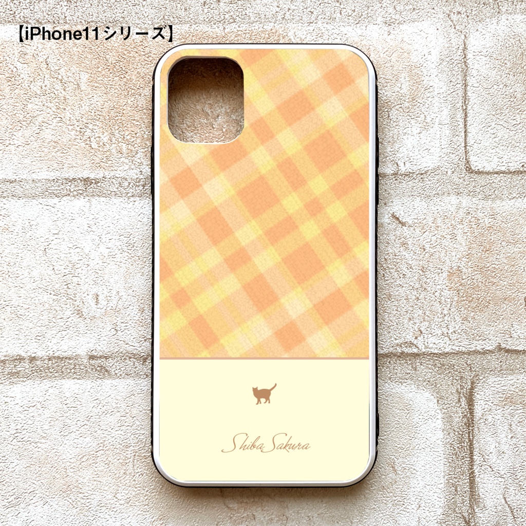 猫と春色オレンジのスマホケース(強化ガラス)  iPhone15 iphone14 iPhone17 Air iphone13 猫 スマホケース 強化ガラス iPhone16e チェック