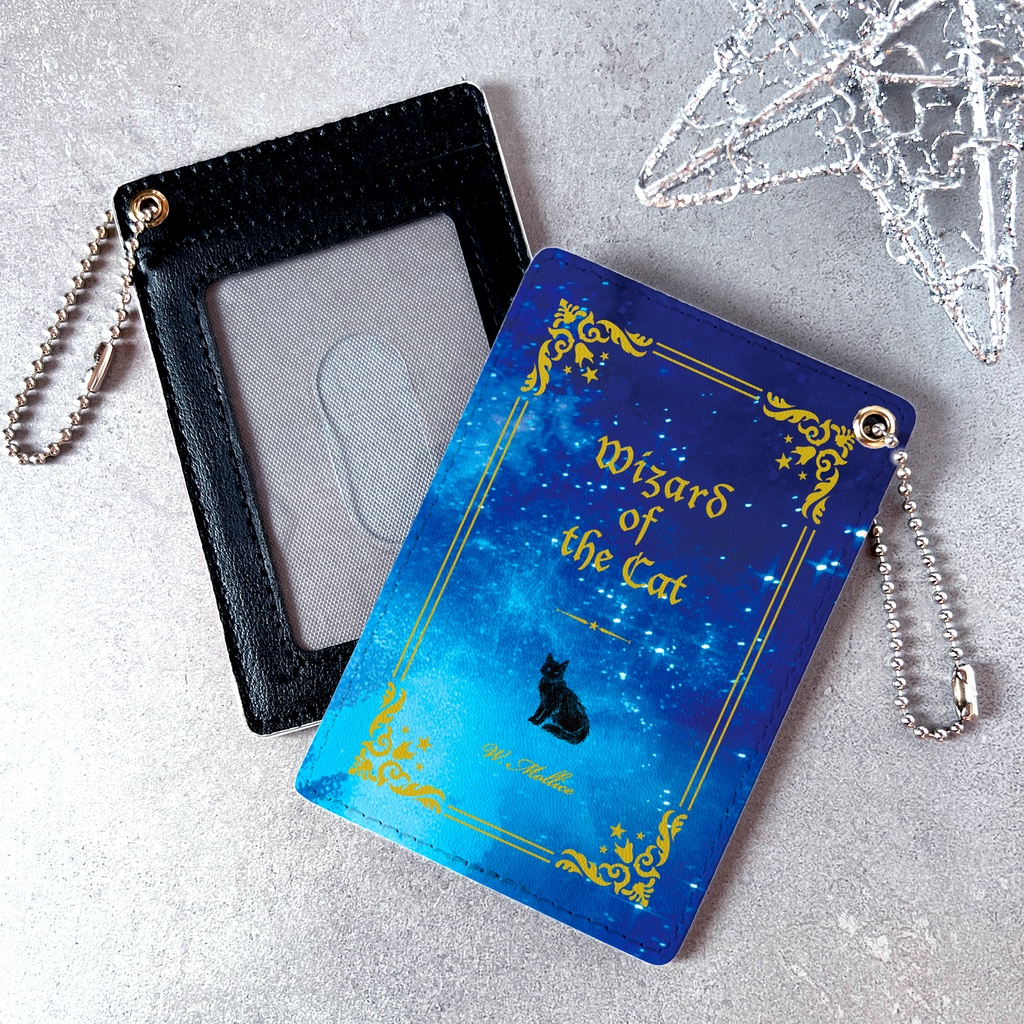 猫の魔法使い(金) 洋書風のパスケース 猫 定期入れ メンズ カードケース 黒猫 宇宙