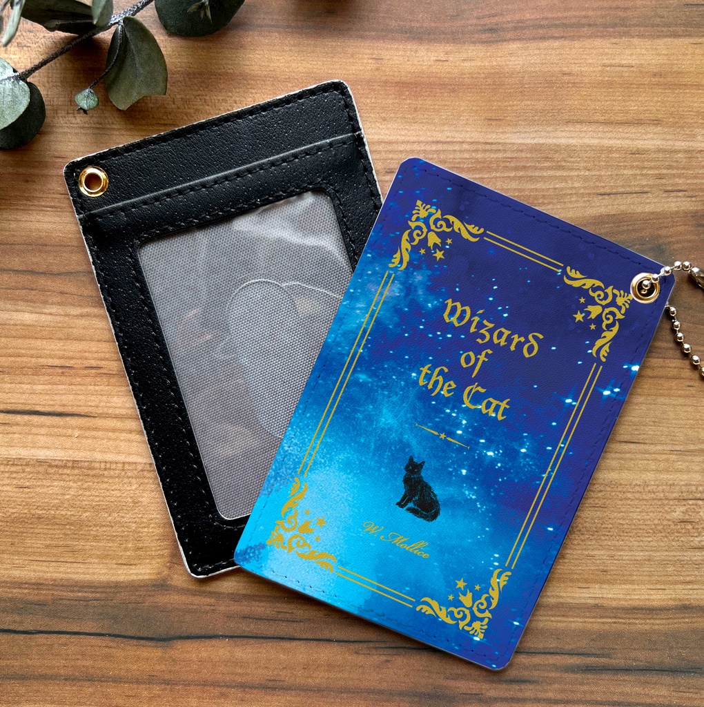 猫の魔法使い(金) 洋書風のパスケース 猫 定期入れ メンズ カードケース 黒猫 宇宙