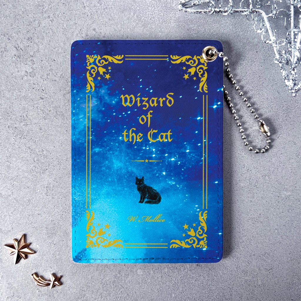 猫の魔法使い（金） 洋書風のパスケース  猫 定期入れ メンズ カードケース 黒猫 宇宙