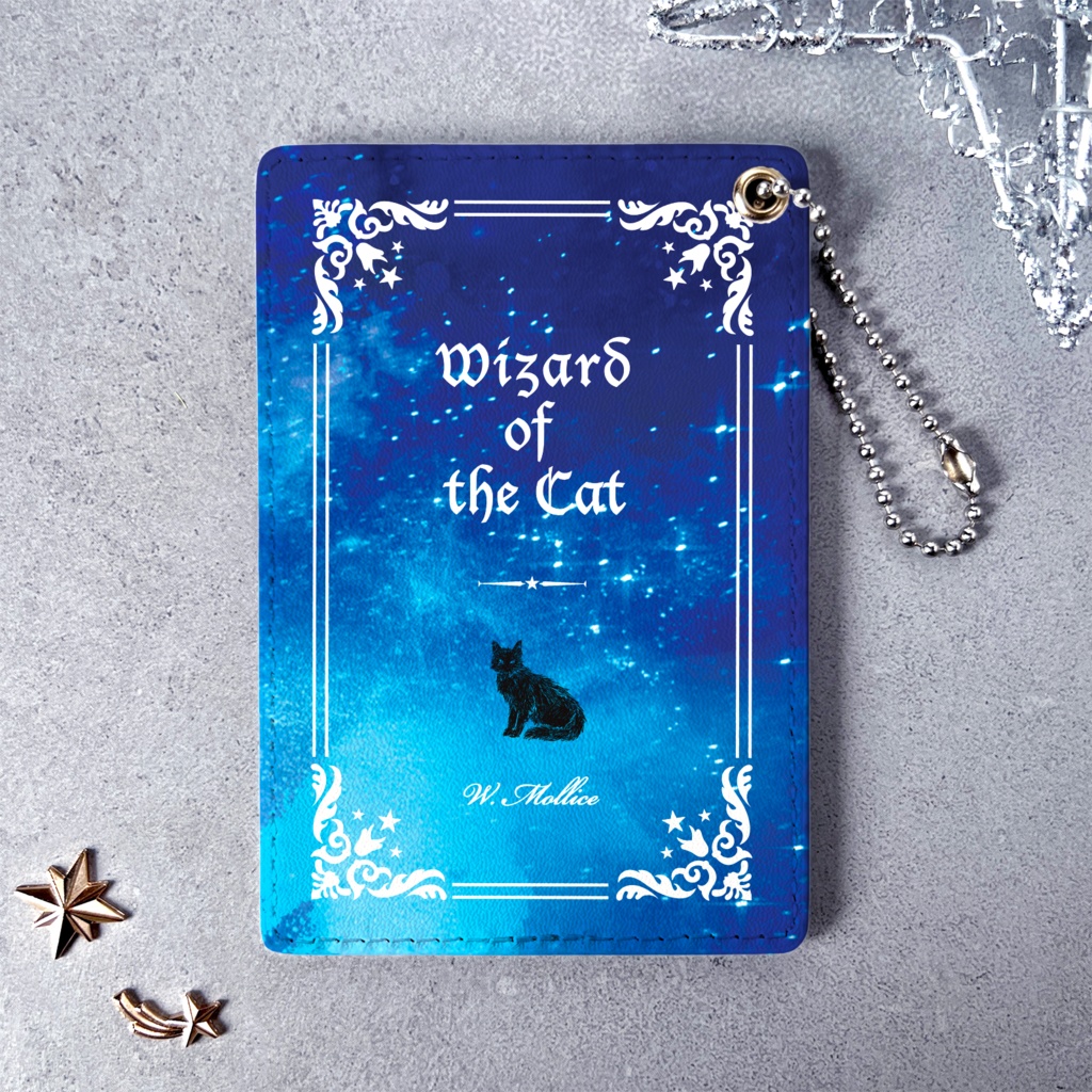 猫の魔法使い(白) 洋書風のパスケース 猫 定期入れ メンズ カードケース 黒猫 宇宙