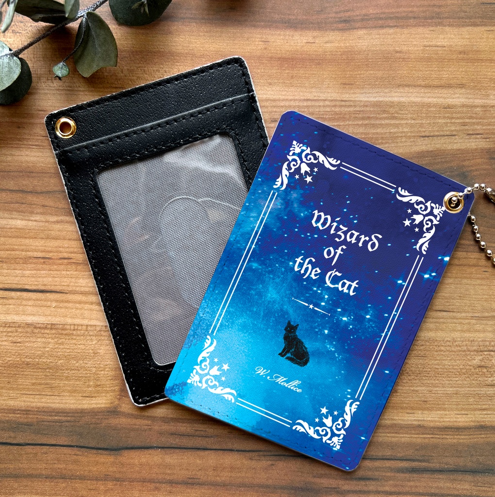 猫の魔法使い(白) 洋書風のパスケース  猫 定期入れ メンズ カードケース 黒猫 宇宙