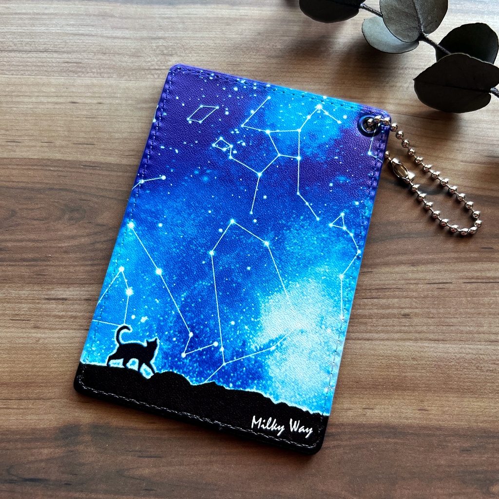 猫と星座のパスケース 猫 定期入れ メンズ カードケース 黒猫 宇宙 星座