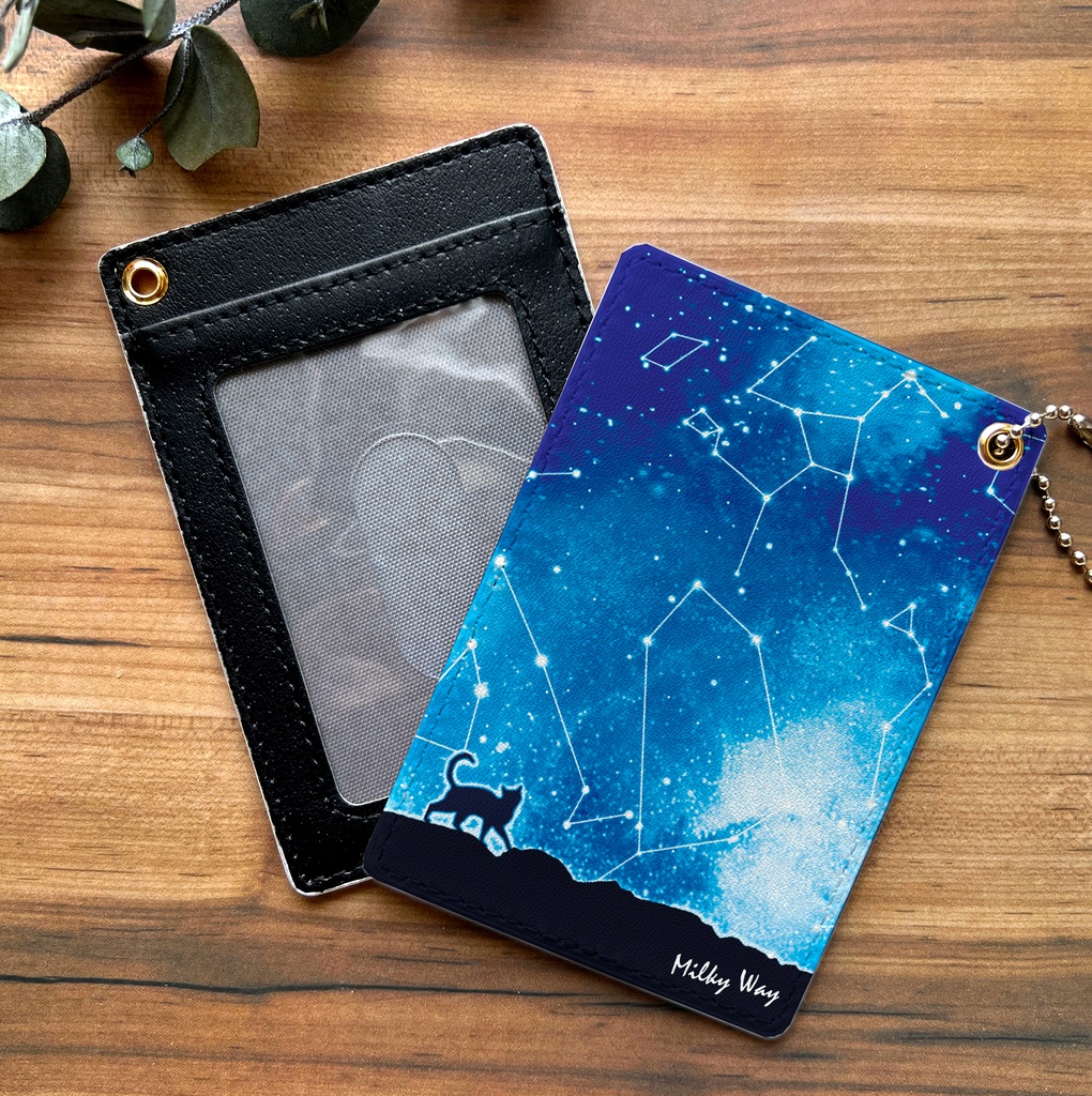 猫と星座のパスケース 猫 定期入れ メンズ カードケース 黒猫 宇宙 星座