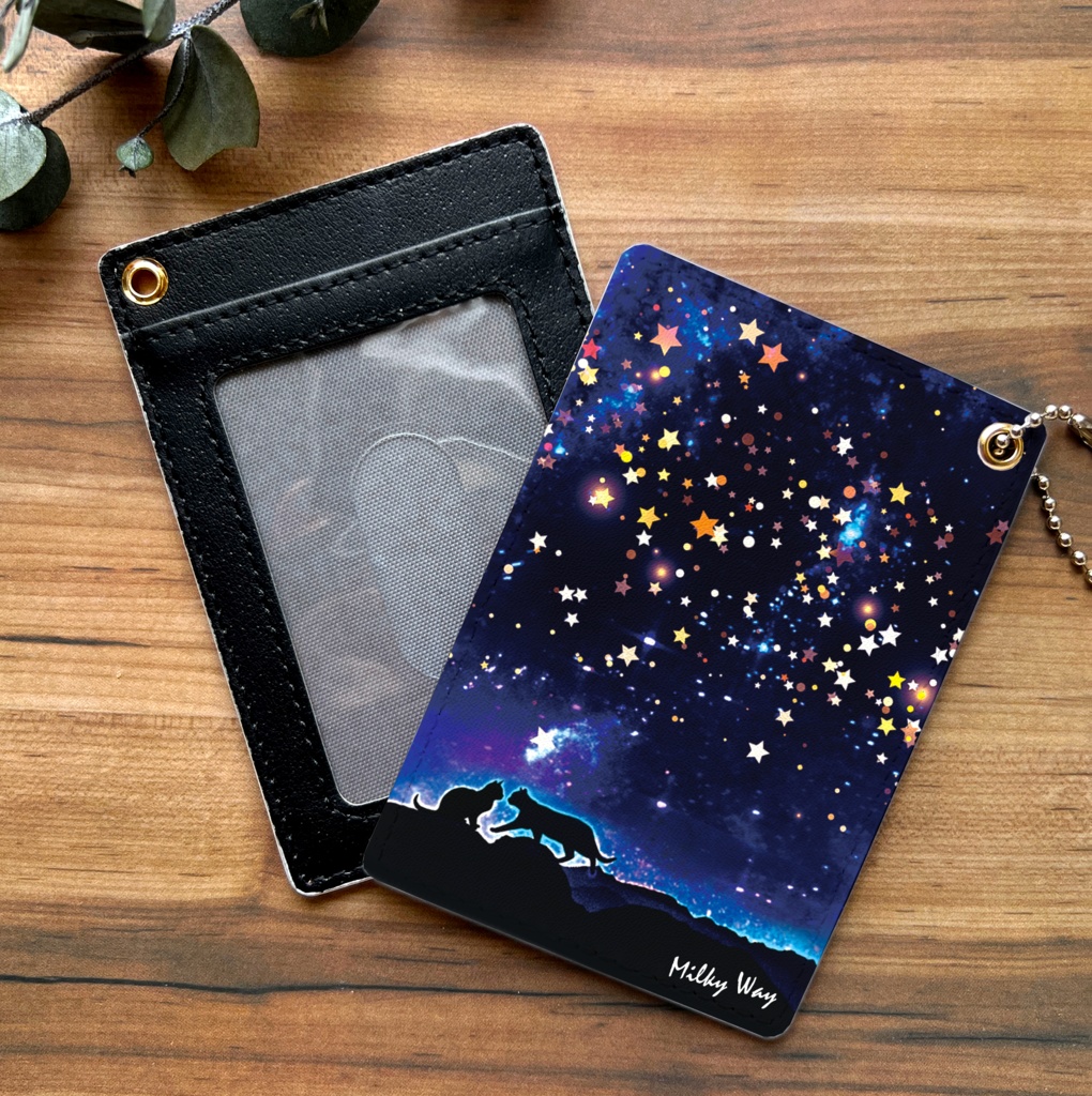 星空デートな猫のパスケース 猫 定期入れ メンズ カードケース 黒猫 宇宙 星座