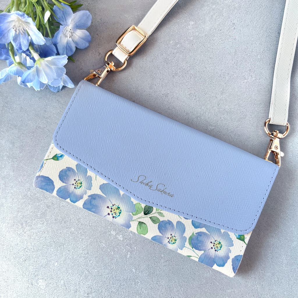 ネモフィラの三つ折り手帳型スマホケース（ベビーブルー） 全機種対応 手帳型 スマホケース iphone Android iphone16 iphone15 iPhone16e