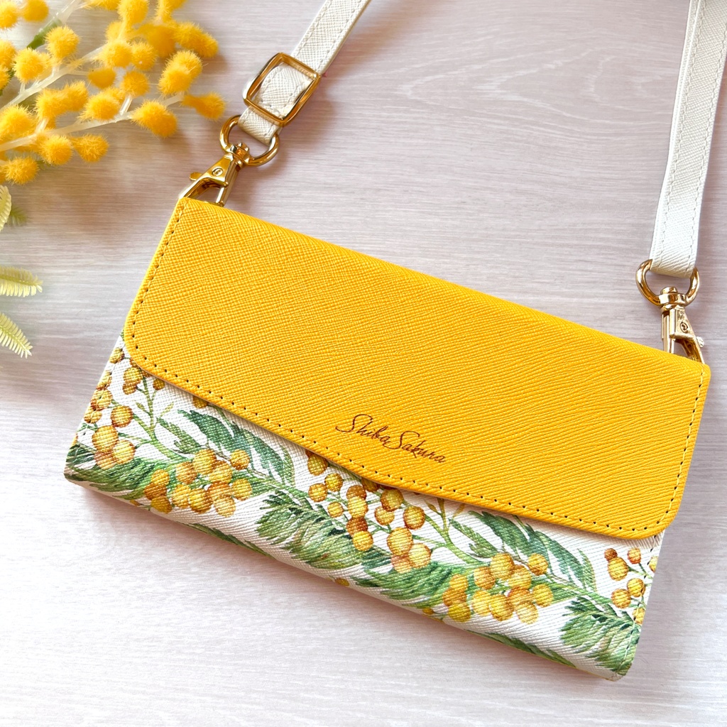 ミモザの三つ折り手帳型スマホケース(オレンジ) 全機種対応 ミモザ 手帳型 スマホケース iphone Android iphone16 iPhone16e iphone15