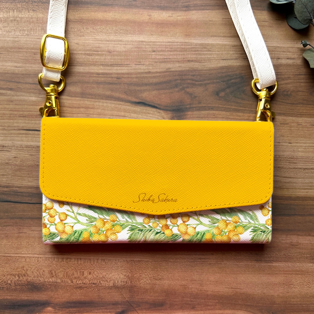 ミモザの三つ折り手帳型スマホケース(オレンジ) 全機種対応 ミモザ 手帳型 スマホケース iphone Android iphone16 iPhone16e iphone15