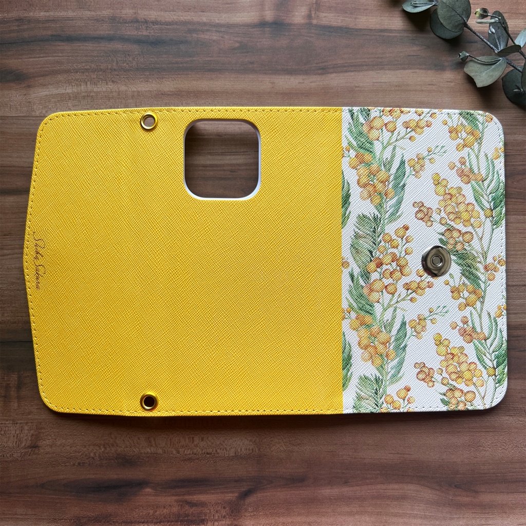 ミモザの三つ折り手帳型スマホケース(イエロー) 全機種対応 ミモザ 手帳型 スマホケース iphone Android iphone16 iphone15 iPhone16e